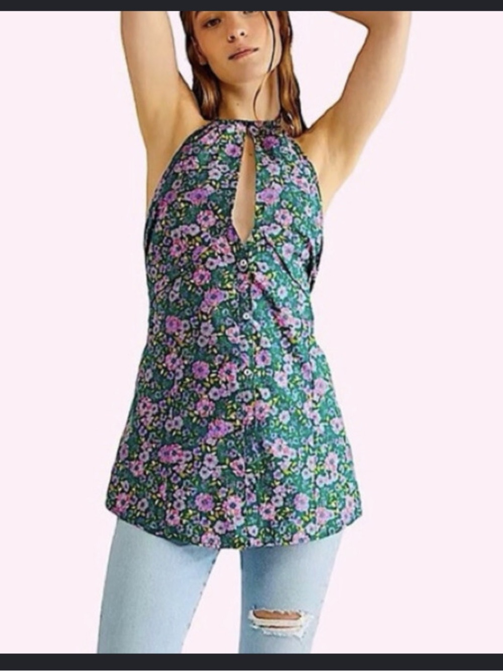 Free People Lyla Floral Halter Tunic Blouse Size Large‎ Women's Green Balsam